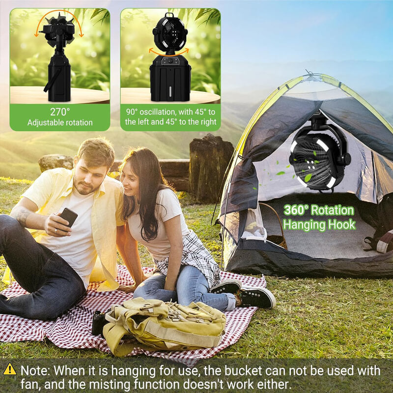 4-in-1 Portable Camping Fan with 6L Water Bucket - Mist, Cool, Rechargeable & Lightweight Outdoor Fan