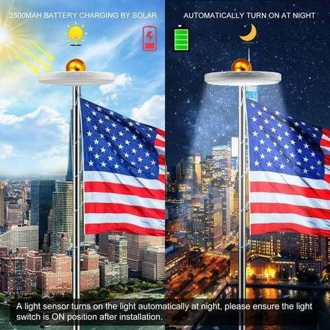 Solar Powered LED Flagpole Lights - All-Night Illumination for Flags - Durable & Energy Efficient