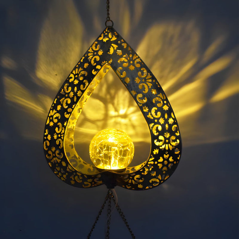 LED Solar Hanging Lights - Waterproof Iron Heart Pendant with Wind Chimes