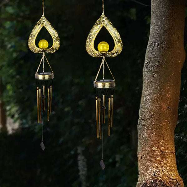 LED Solar Hanging Lights - Waterproof Iron Heart Pendant with Wind Chimes