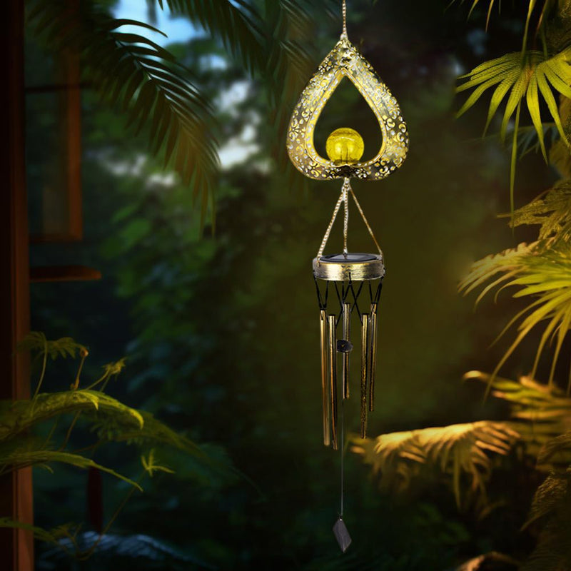 LED Solar Hanging Lights - Waterproof Iron Heart Pendant with Wind Chimes