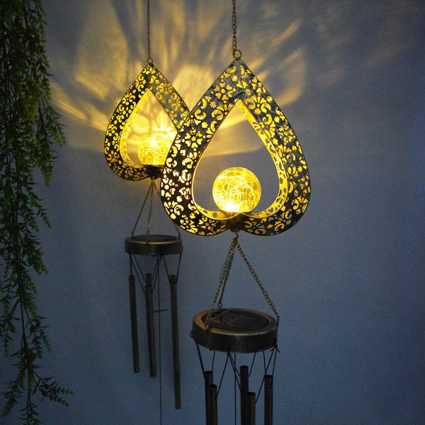 LED Solar Hanging Lights - Waterproof Iron Heart Pendant with Wind Chimes
