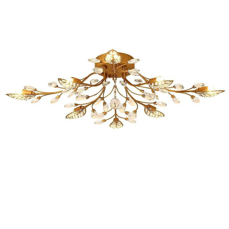 Antique Brass Vintage Crystal Branches Leaf Semi-Flush Mount Chandelier | 8-Light LED | 31.19'' Wide | Elegant Lighting Fixture