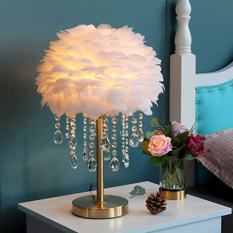 Elegant LED Feather Table Lamp with Ambient Crystal Tassels - Stylish Home Lighting Decor