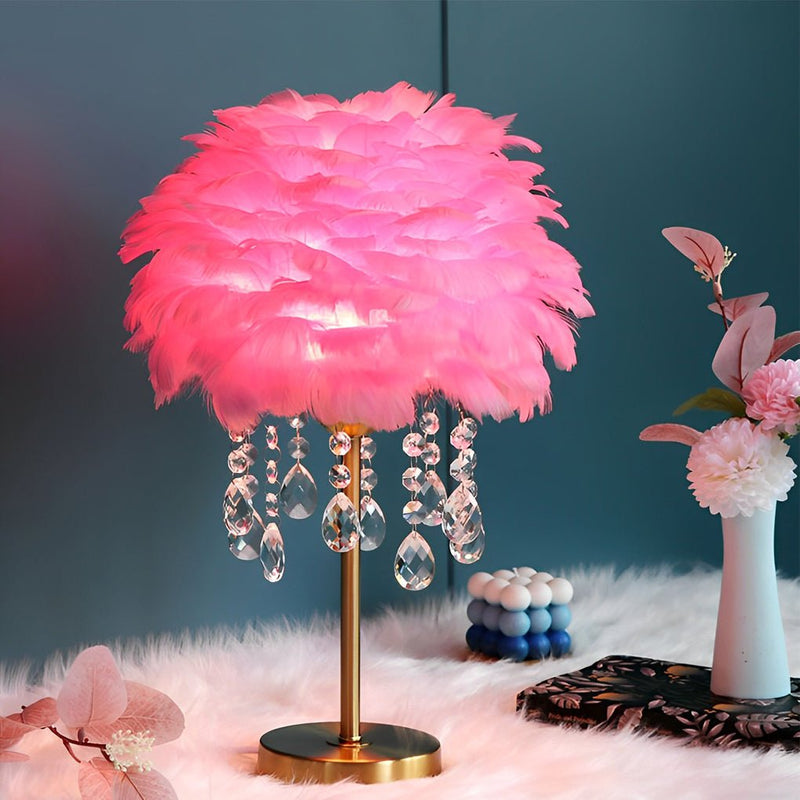 Elegant LED Feather Table Lamp with Ambient Crystal Tassels - Stylish Home Lighting Decor