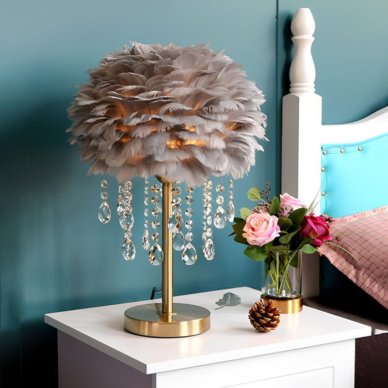 Elegant LED Feather Table Lamp with Ambient Crystal Tassels - Stylish Home Lighting Decor
