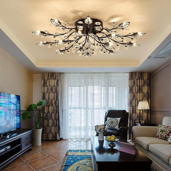Modern Elegant Crystal Leaves Flush Mount Ceiling Chandelier - Stylish Brushed Finish Lighting Fixture for Living Room, Dining Room, and Entryway Decor