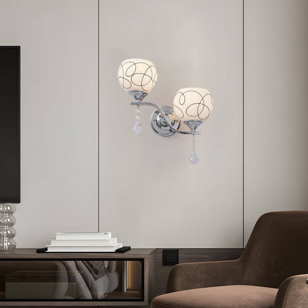 Modern 2-Light Open Sphere Wall Sconce with Elegant Crystal Pendants - Contemporary Lighting Fixture for Living Room, Bedroom, and Hallway