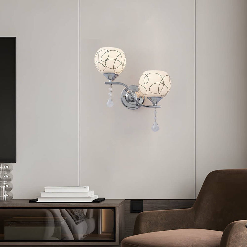 Modern 2-Light Open Sphere Wall Sconce with Elegant Crystal Pendants - Contemporary Lighting Fixture for Living Room, Bedroom, and Hallway