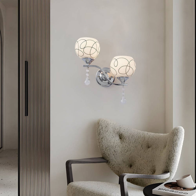 Modern 2-Light Open Sphere Wall Sconce with Elegant Crystal Pendants - Contemporary Lighting Fixture for Living Room, Bedroom, and Hallway