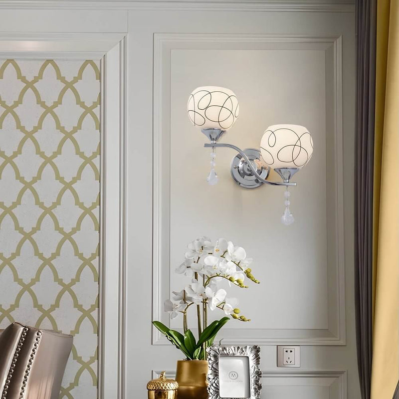 Modern 2-Light Open Sphere Wall Sconce with Elegant Crystal Pendants - Contemporary Lighting Fixture for Living Room, Bedroom, and Hallway