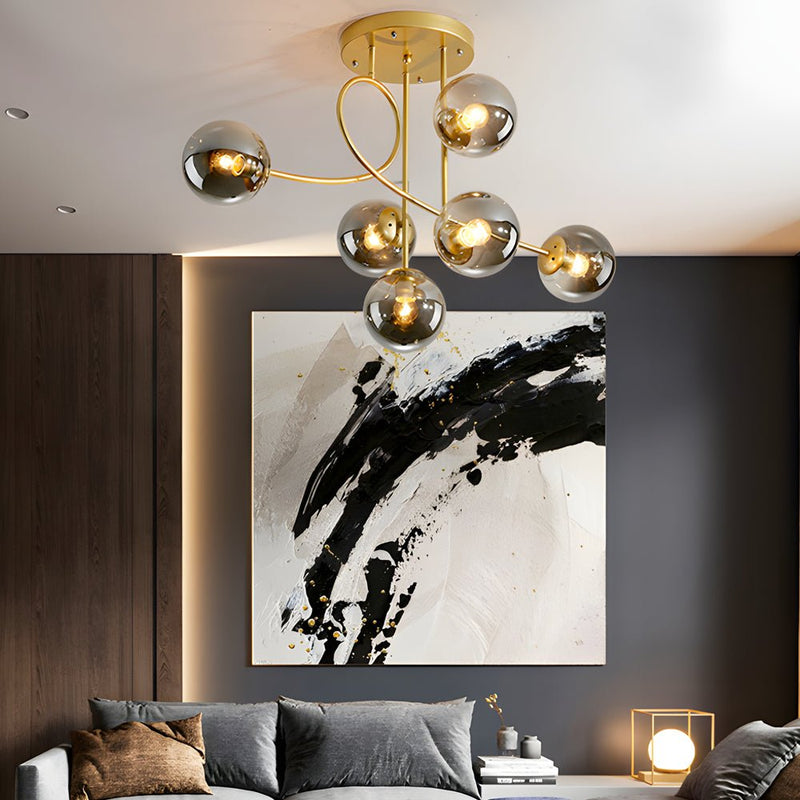Modern 6-Light Gold and Black Semi-Flush Mount Chandelier with Elegant Glass Shades - Stylish Lighting Fixture for Home Decor