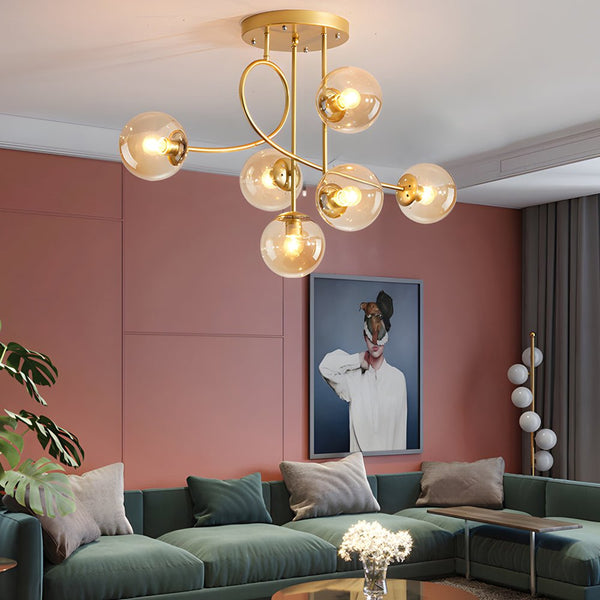 Modern 6-Light Gold and Black Semi-Flush Mount Chandelier with Elegant Glass Shades - Stylish Lighting Fixture for Home Decor