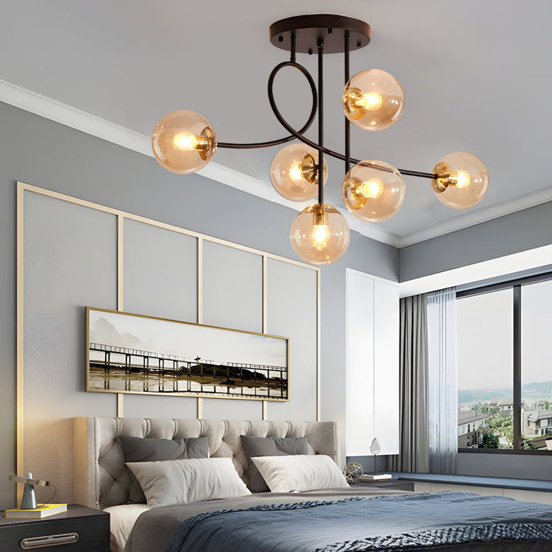 Modern 6-Light Gold and Black Semi-Flush Mount Chandelier with Elegant Glass Shades - Stylish Lighting Fixture for Home Decor