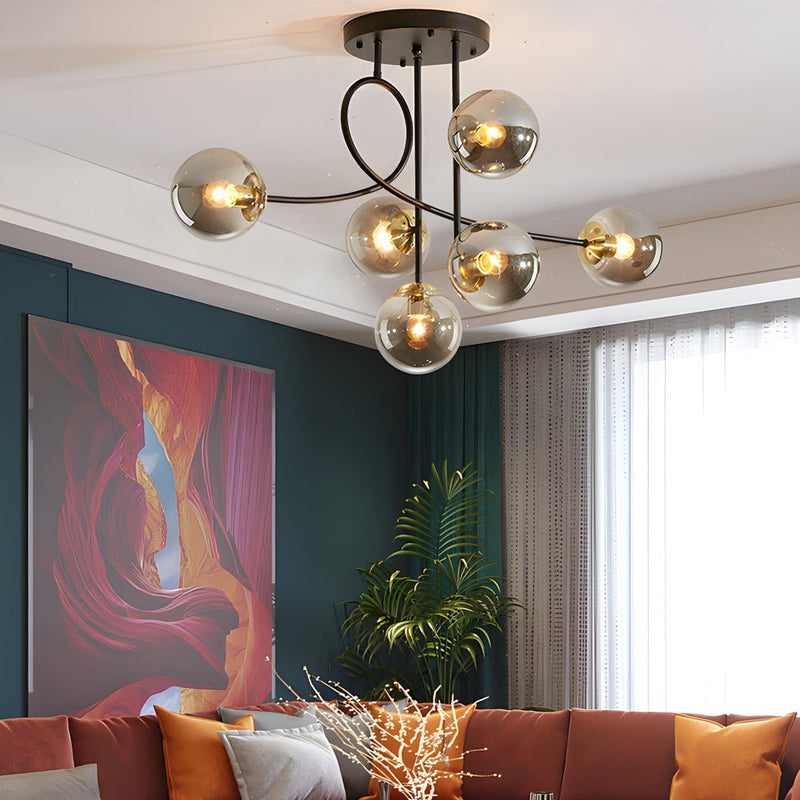 Modern 6-Light Gold and Black Semi-Flush Mount Chandelier with Elegant Glass Shades - Stylish Lighting Fixture for Home Decor