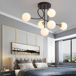 Modern 6-Light Gold and Black Semi-Flush Mount Chandelier with Elegant Glass Shades - Stylish Lighting Fixture for Home Decor