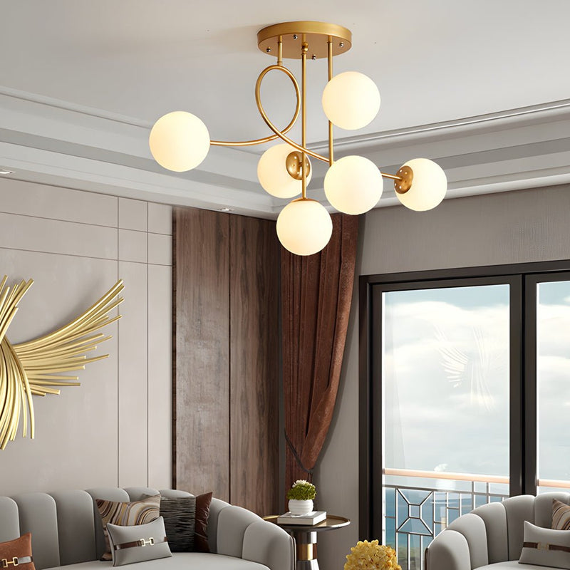 Modern 6-Light Gold and Black Semi-Flush Mount Chandelier with Elegant Glass Shades - Stylish Lighting Fixture for Home Decor