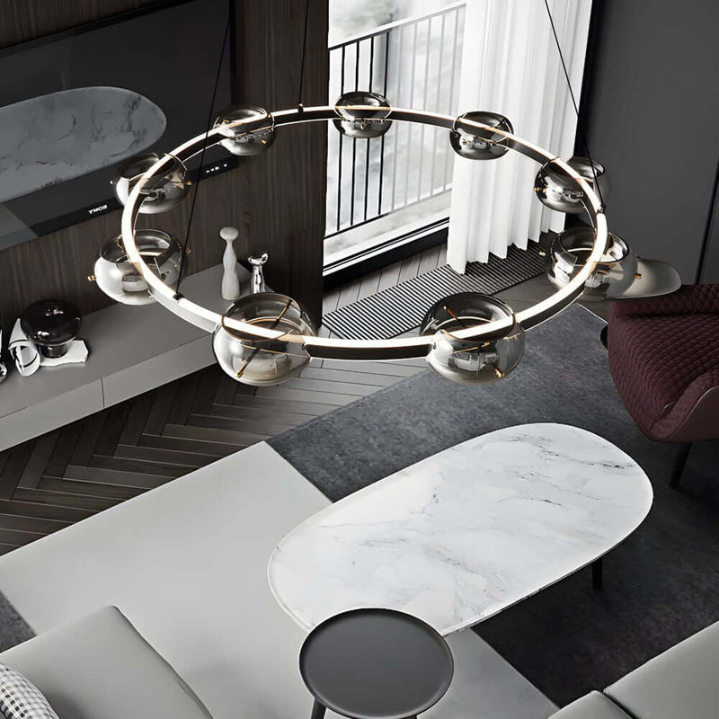 Stylish Modern Black Copper Ring LED Chandelier with Glass Sphere Accents - Elegant Lighting Fixture for Home Decor