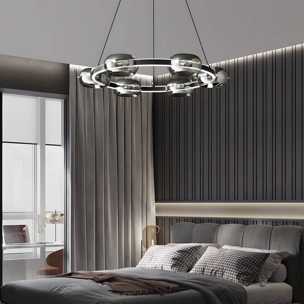 Stylish Modern Black Copper Ring LED Chandelier with Glass Sphere Accents - Elegant Lighting Fixture for Home Decor