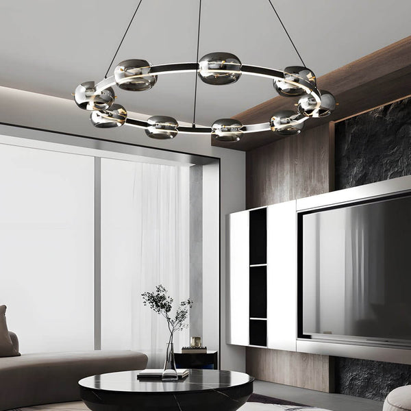 Stylish Modern Black Copper Ring LED Chandelier with Glass Sphere Accents - Elegant Lighting Fixture for Home Decor