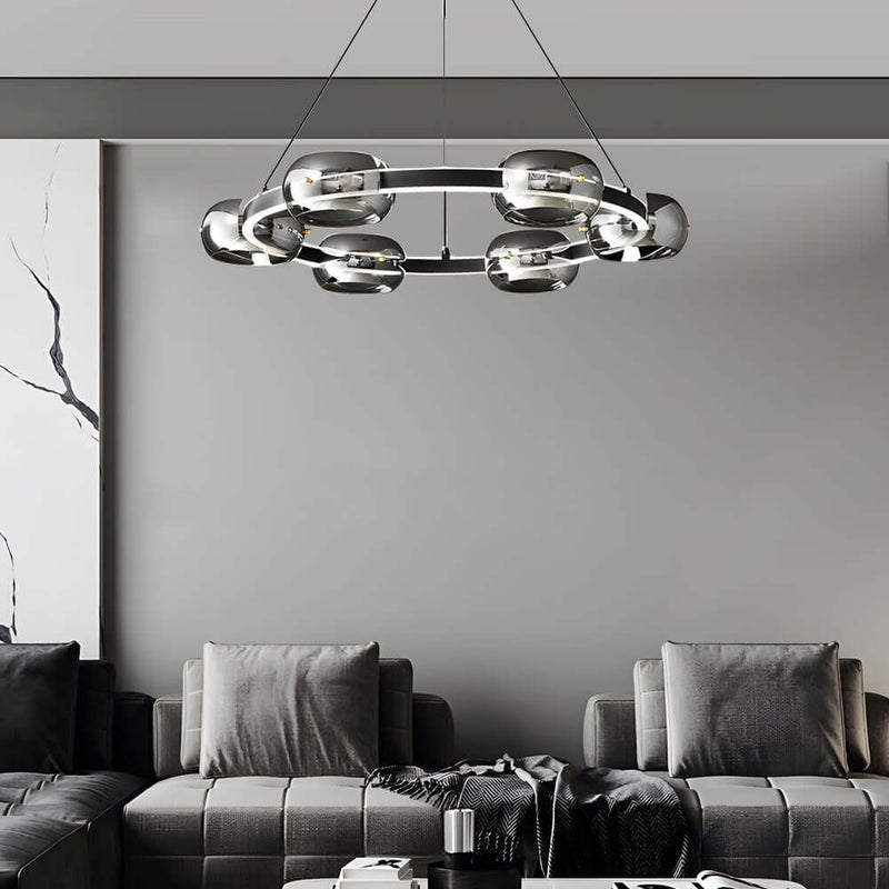 Stylish Modern Black Copper Ring LED Chandelier with Glass Sphere Accents - Elegant Lighting Fixture for Home Decor