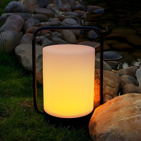Modern Black Portable Outdoor Table Lamp with White Cylinder Shade - USB Rechargeable, IP65 Waterproof, Perfect for Patio & Garden