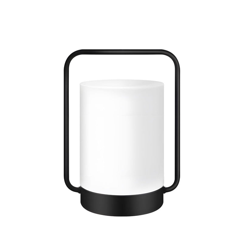 Modern Black Portable Outdoor Table Lamp with White Cylinder Shade - USB Rechargeable, IP65 Waterproof, Perfect for Patio & Garden