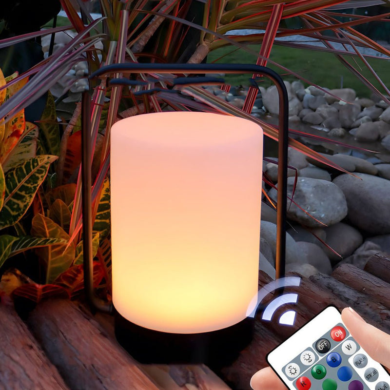 Modern Black Portable Outdoor Table Lamp with White Cylinder Shade - USB Rechargeable, IP65 Waterproof, Perfect for Patio & Garden