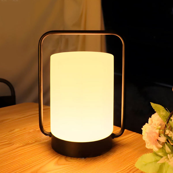 Modern Black Portable Outdoor Table Lamp with White Cylinder Shade - USB Rechargeable, IP65 Waterproof, Perfect for Patio & Garden