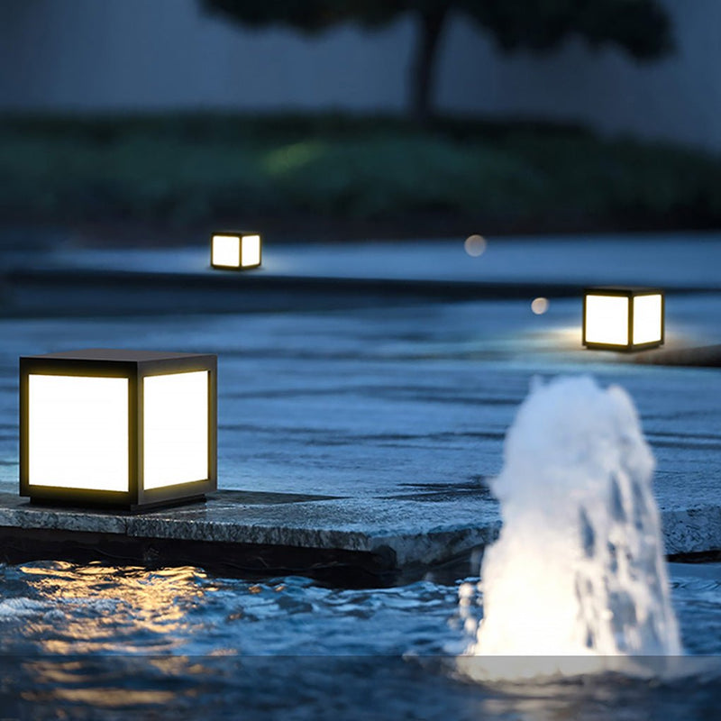 Black Square Cube Outdoor LED Pier Mount Light - Modern Design for Patios & Gardens