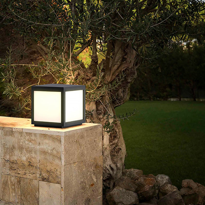 Black Square Cube Outdoor LED Pier Mount Light - Modern Design for Patios & Gardens