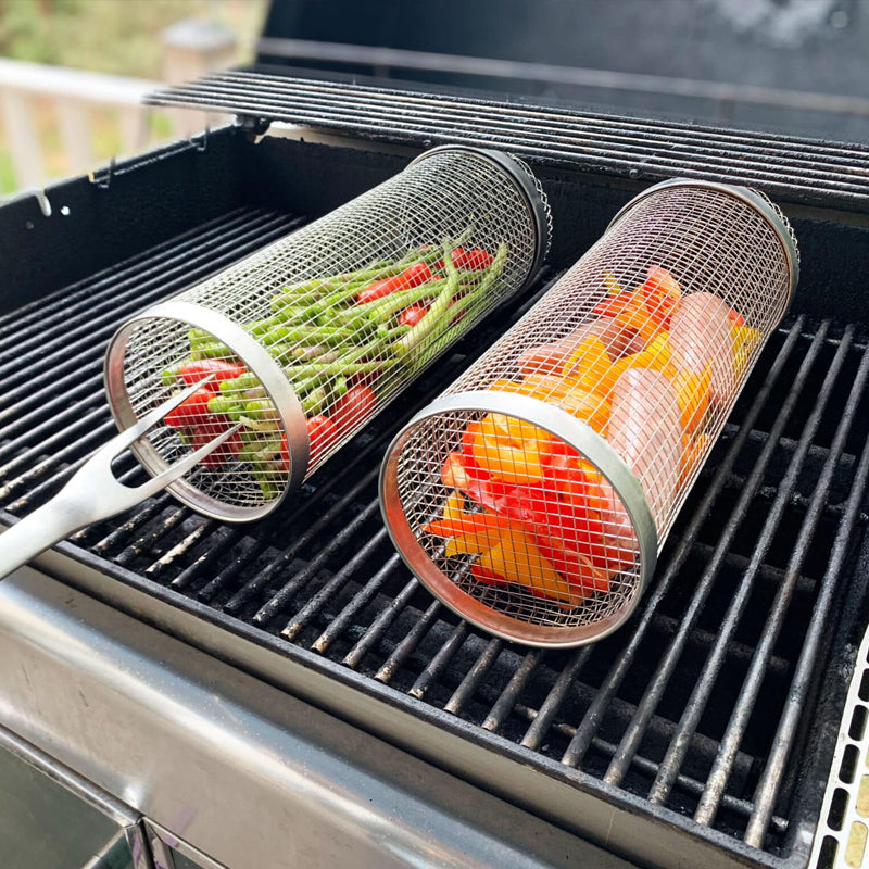 Premium Stainless Steel Rolling BBQ Grill Basket - Perfect for Grilling Vegetables, Meats & Seafood - Durable & Easy to Clean