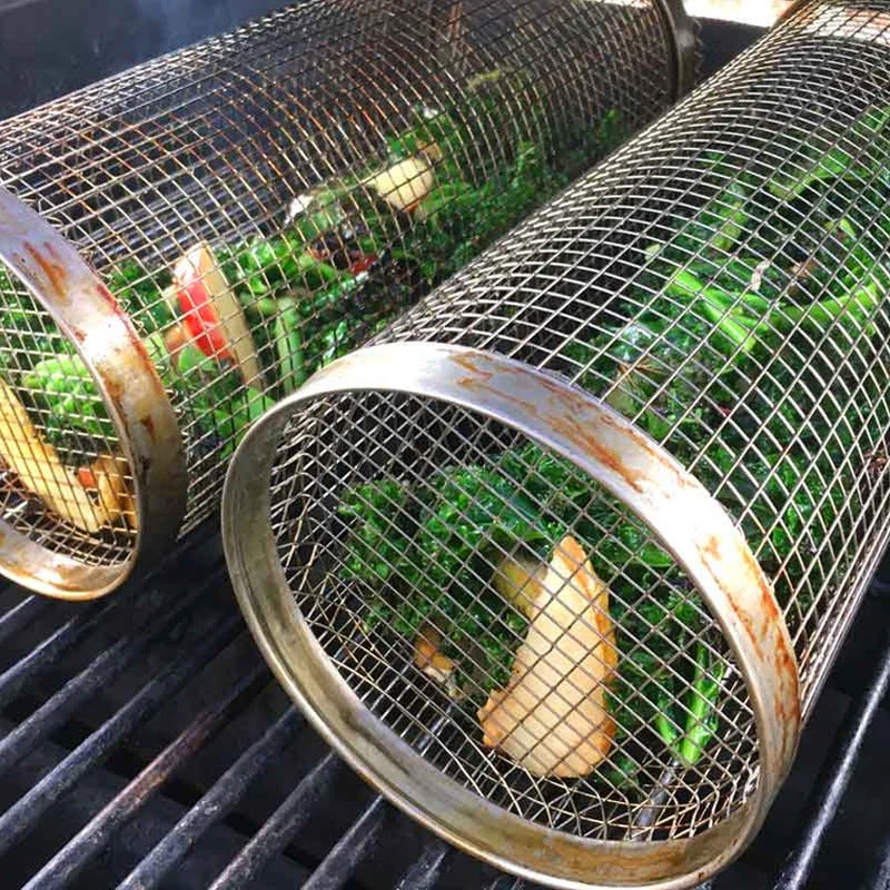 Premium Stainless Steel Rolling BBQ Grill Basket - Perfect for Grilling Vegetables, Meats & Seafood - Durable & Easy to Clean