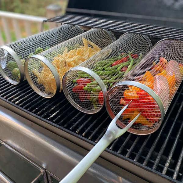 Premium Stainless Steel Rolling BBQ Grill Basket - Perfect for Grilling Vegetables, Meats & Seafood - Durable & Easy to Clean
