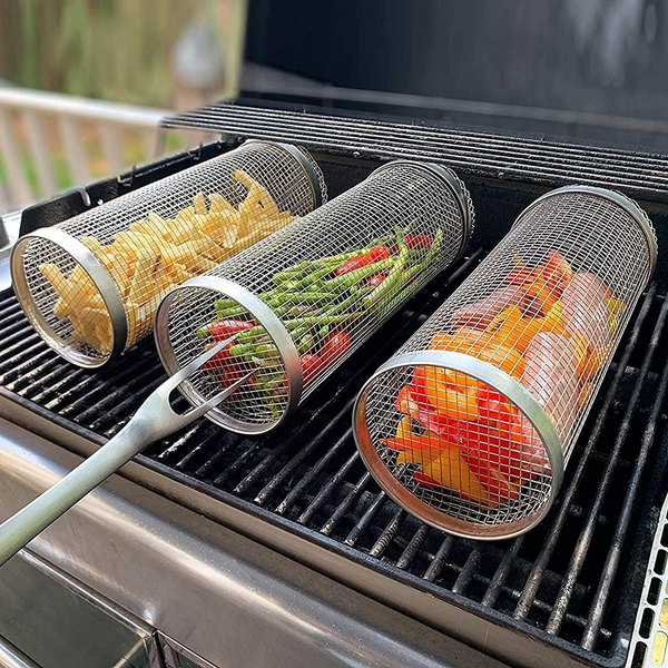 Premium Stainless Steel Rolling BBQ Grill Basket - Perfect for Grilling Vegetables, Meats & Seafood - Durable & Easy to Clean