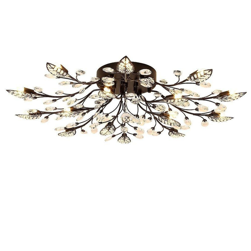 Modern Elegant Crystal Leaves Flush Mount Ceiling Chandelier - Stylish Brushed Finish Lighting Fixture for Living Room, Dining Room, and Entryway Decor
