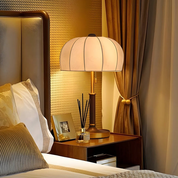 Vintage Brass Dome Table Lamp with Pull Chain - Elegant Fabric Shade for Bedroom & Living Room Decor