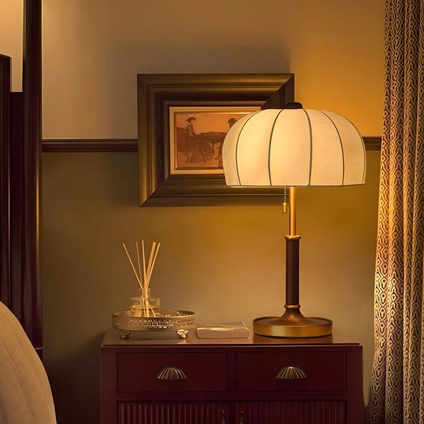 Vintage Brass Dome Table Lamp with Pull Chain - Elegant Fabric Shade for Bedroom & Living Room Decor