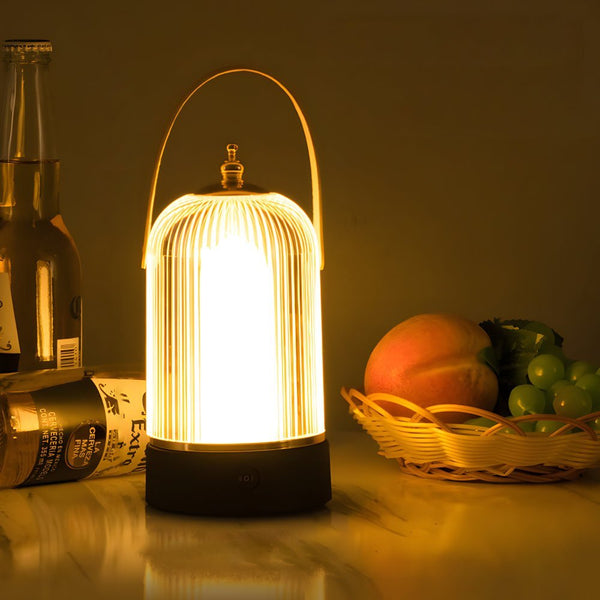 Ribbed Glass LED Table Lamp - Stylish Ambient Lantern for Bedroom Nightstand