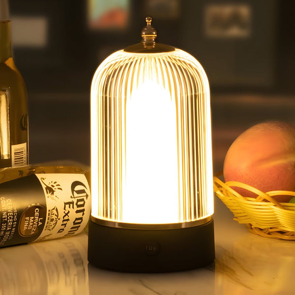 Ribbed Glass LED Table Lamp - Stylish Ambient Lantern for Bedroom Nightstand
