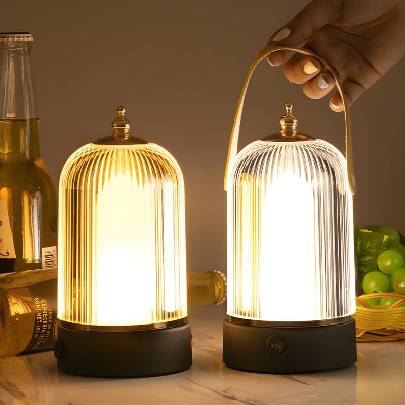 Ribbed Glass LED Table Lamp - Stylish Ambient Lantern for Bedroom Nightstand