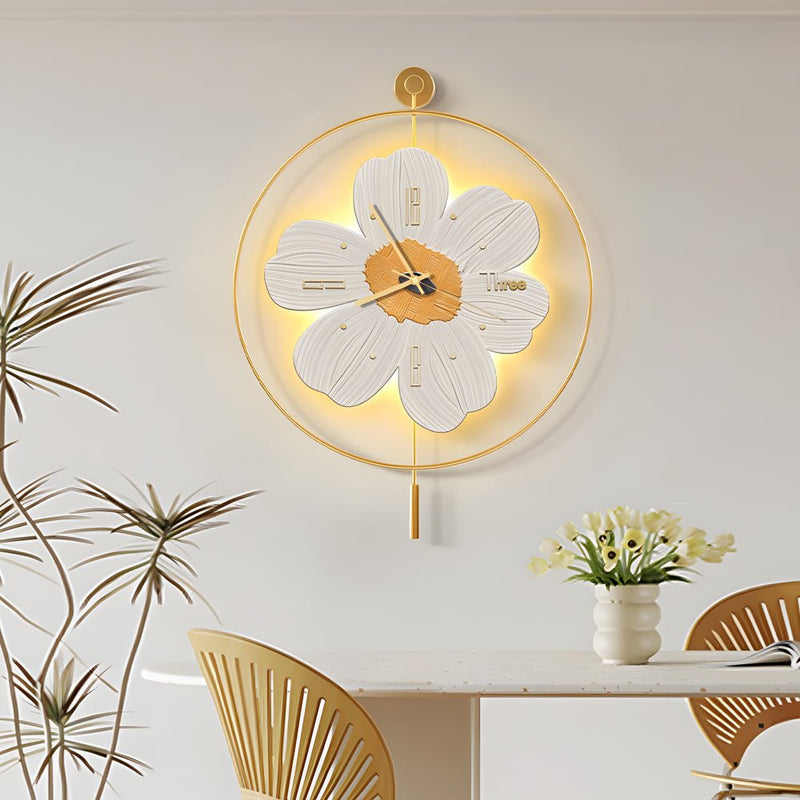 Stylish Round Metal LED Flower Wall Clock - Battery Operated Decorative Timepiece