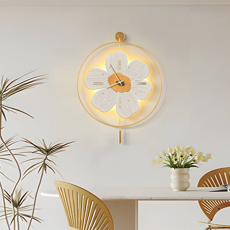 Stylish Round Metal LED Flower Wall Clock - Battery Operated Decorative Timepiece