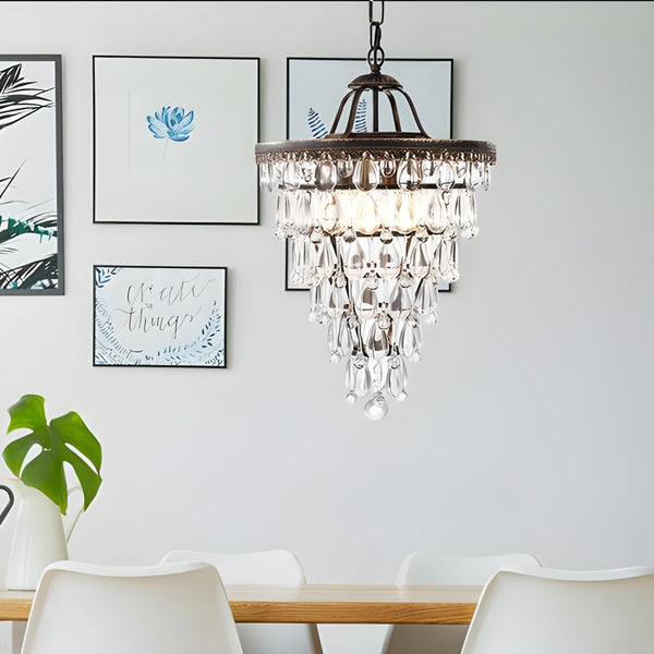Elegant Round Tiered Crystal Water Drop Chandelier - Aged Metallic Finish - American Design