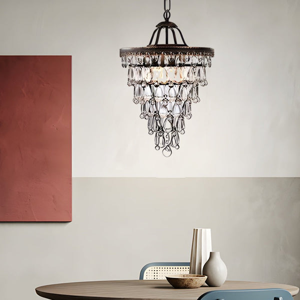 Elegant Round Tiered Crystal Water Drop Chandelier - Aged Metallic Finish - American Design