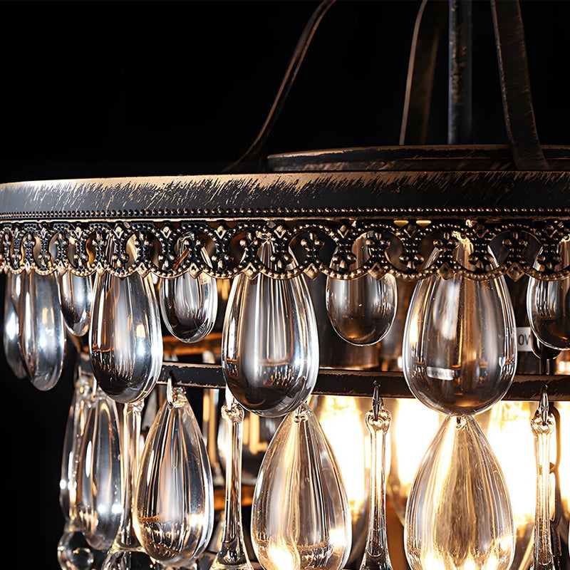 Elegant Round Tiered Crystal Water Drop Chandelier - Aged Metallic Finish - American Design