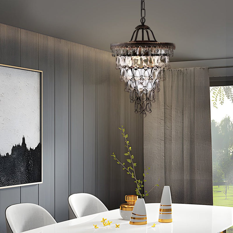 Elegant Round Tiered Crystal Water Drop Chandelier - Aged Metallic Finish - American Design