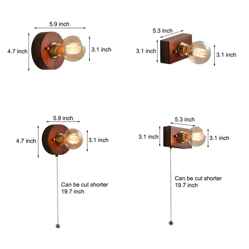 Vintage Walnut Wood Wall Lamp - Round/Square Design, 1-Light with Pull Chain Switch - Rustic Home Lighting