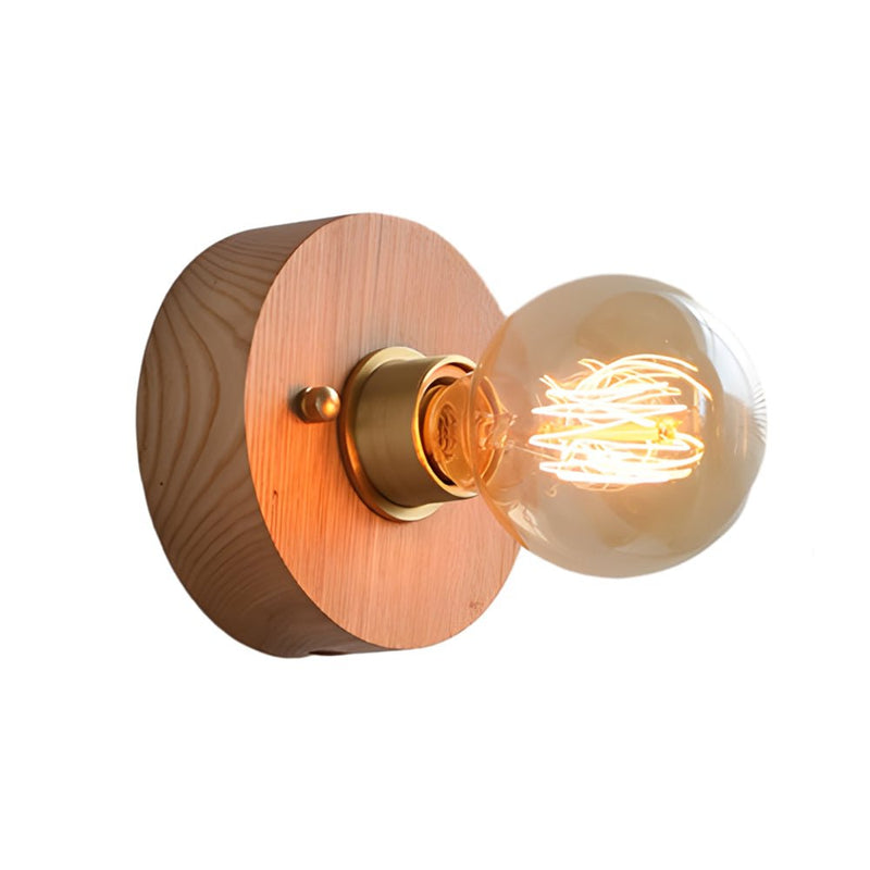 Vintage Walnut Wood Wall Lamp - Round/Square Design, 1-Light with Pull Chain Switch - Rustic Home Lighting