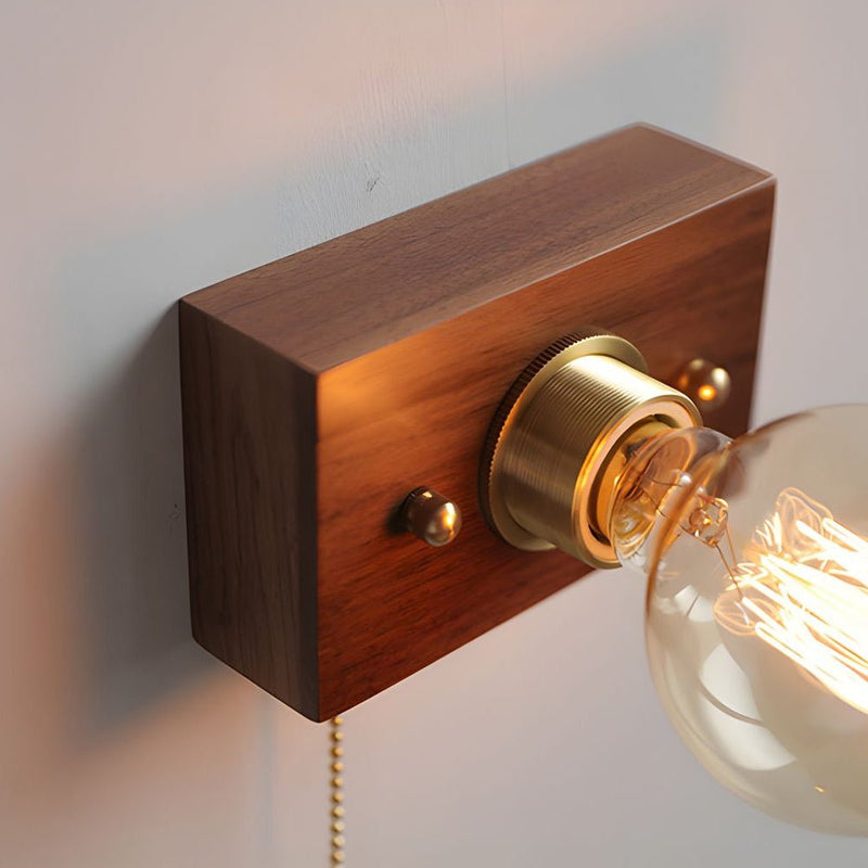 Vintage Walnut Wood Wall Lamp - Round/Square Design, 1-Light with Pull Chain Switch - Rustic Home Lighting